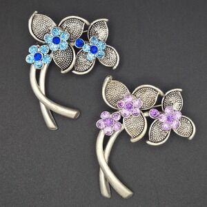 Set of 2 Floral Brooches Blue Purple Rhinestone Silver Tone Flower Bouquet‎ Pin